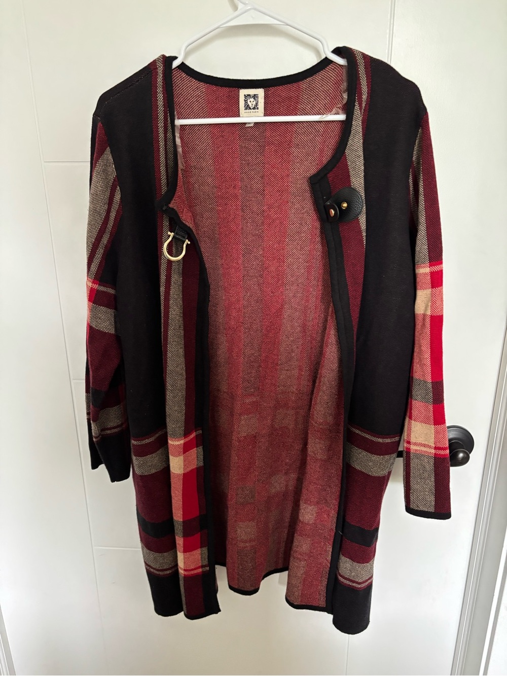 Anne Klein Red Plaid Open-Front Cardigan